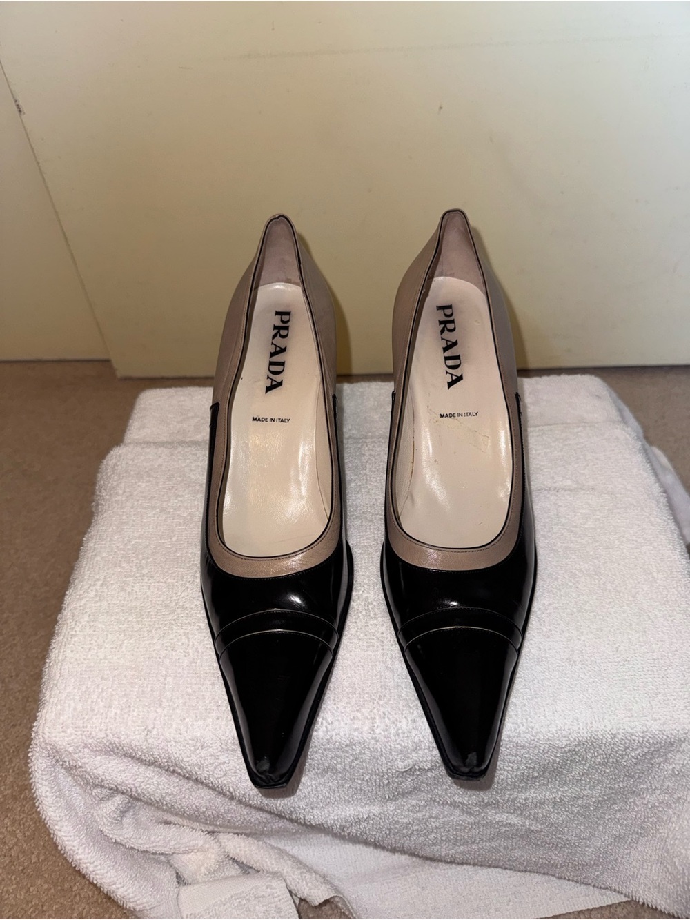 Prada Black and Taupe Pointed Toe Leather Pumps